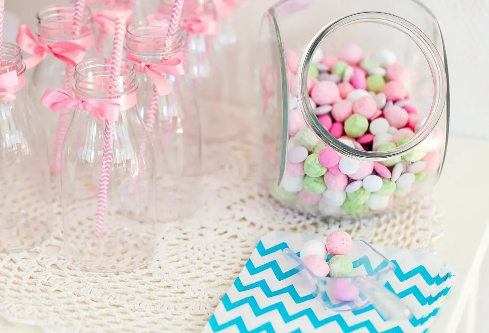 Candy jar on a dessert table at party or wedding celebration